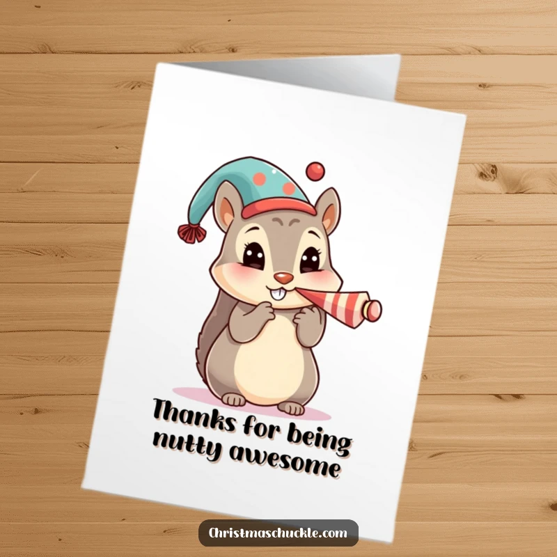 Funny free printable thank you card: a cute squirrel character in a festive hat, honking a tiny clown horn to show thanks.