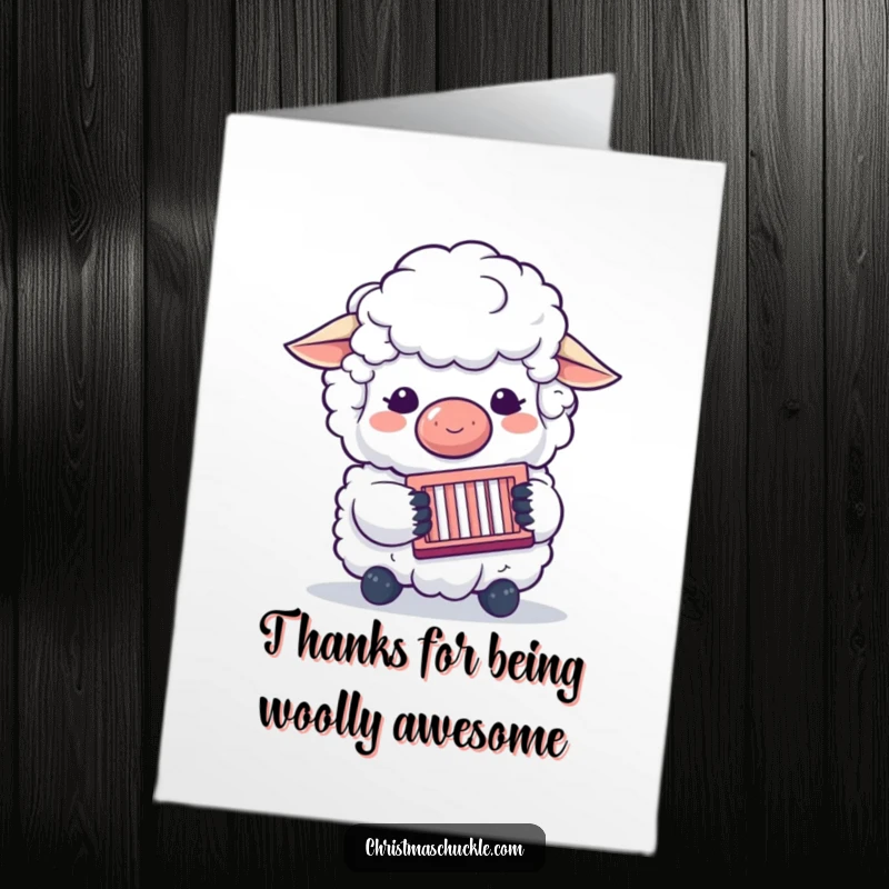 Funny free printable thank you card featuring a fluffy sheep clown wearing a nose and playing a concertina, conveying cheerful thanks.