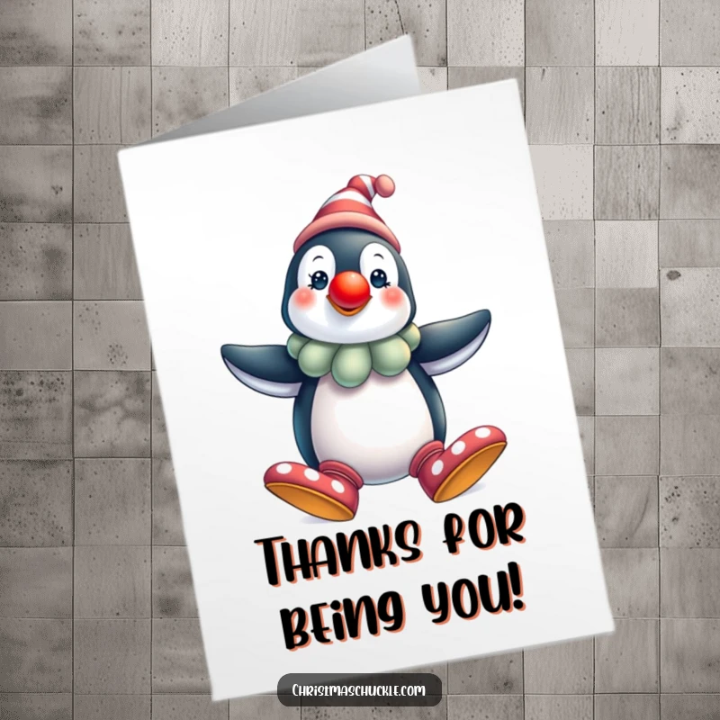 Funny Free Printable Penguin Clown Thank You Card: A charming penguin clown with big shoes offering a friendly wave. A delightful downloadable thank you.