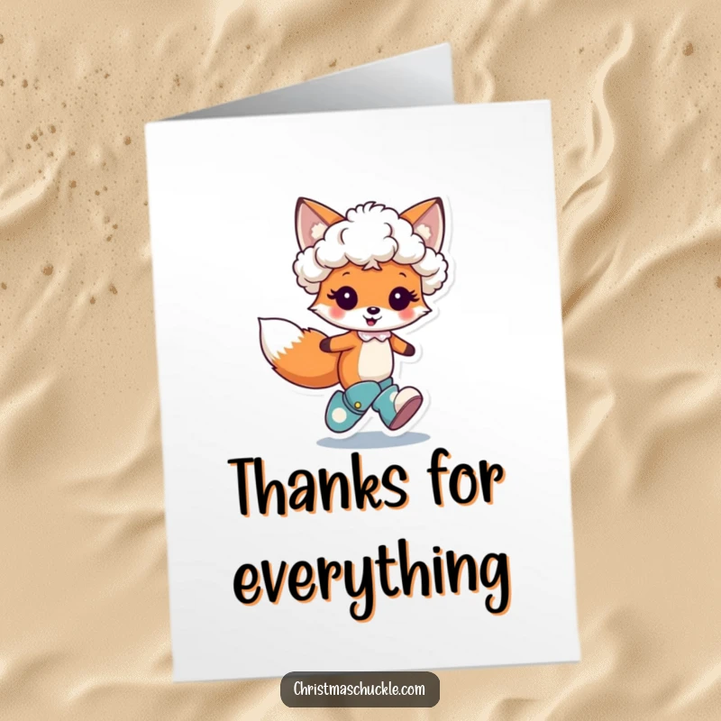 Funny Free Printable Thank You Card: A cute fox character dons a tiny clown wig and oversized boots, hopping with gratitude.