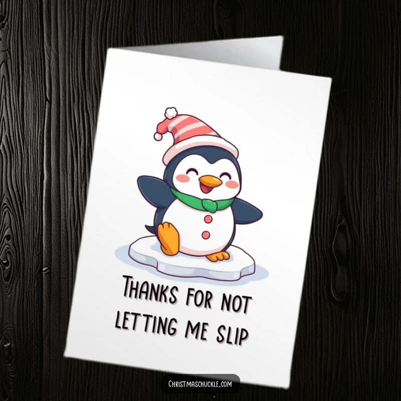 Funny Free Printable Thank You Card: Smiling penguin clown comically slips on an icy patch.