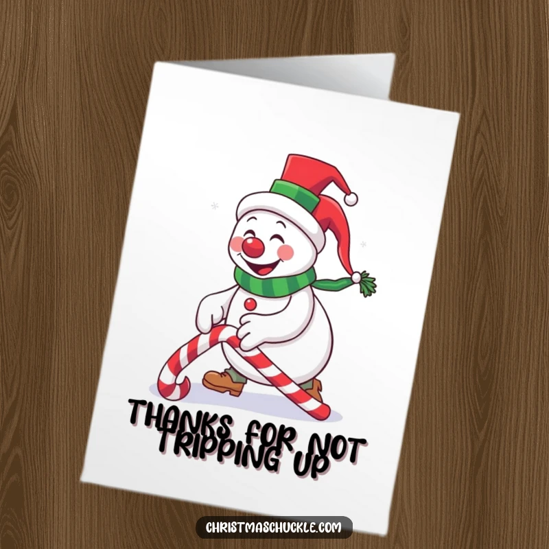 Funny Free Printable Thank You Card: A comical snowman clown in a top hat, taking a tumble over a candy cane.
