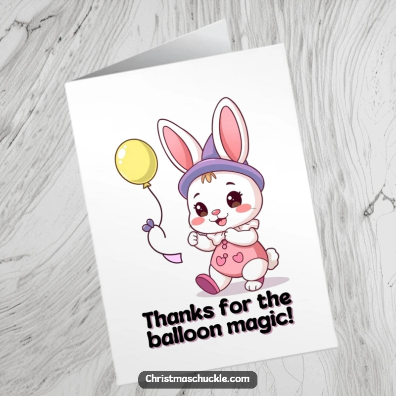 Funny Free Printable Thank You Card: A bunny clown joyfully presents a balloon animal as a token of thanks.