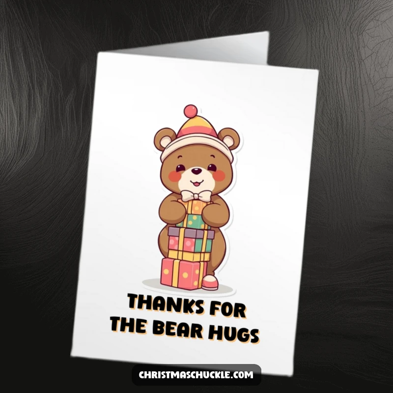 Funny free printable thank you card featuring a smiling bear clown balancing presents, conveying a huge thank you.