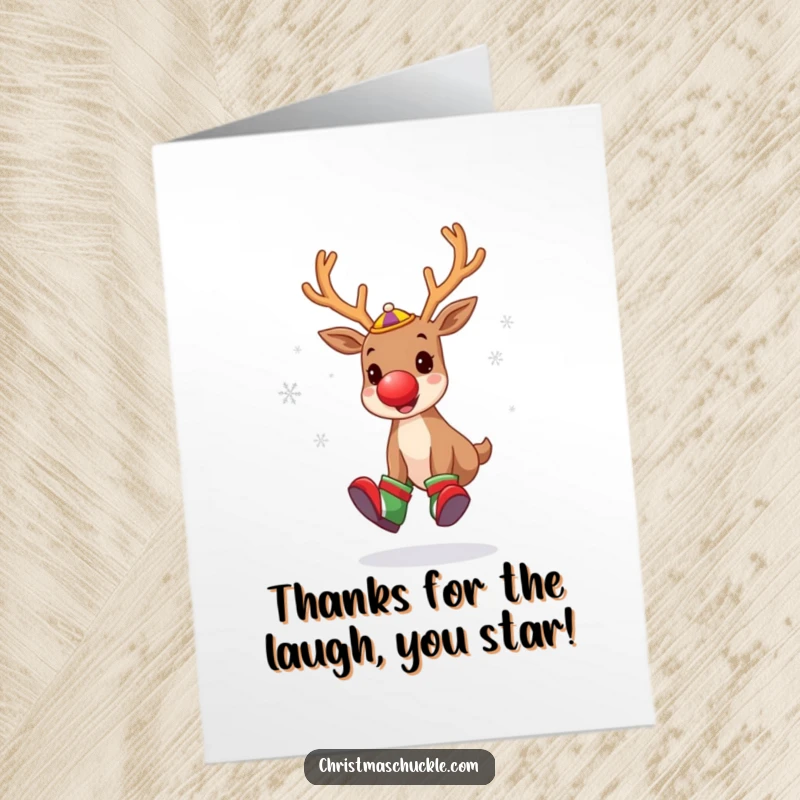 Funny free printable thank you card of a reindeer clown juggling snowflakes with a grin.