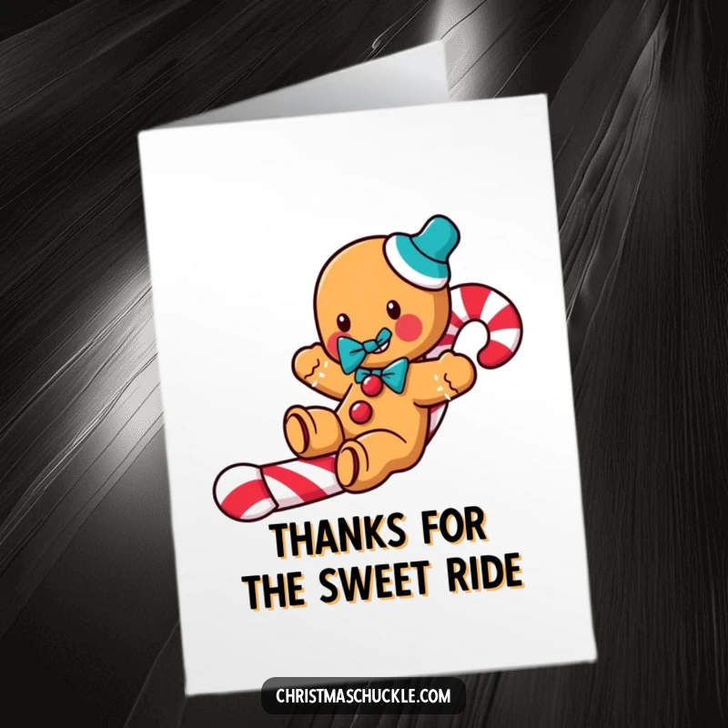 Funny Free Printable Thank You Card: A jolly gingerbread man slides down a candy cane with a clown bow tie.