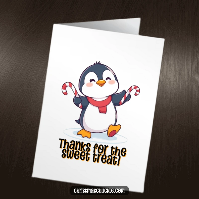 Funny Free Printable Thank You Card: A cute penguin slips on ice while juggling colorful candy canes.