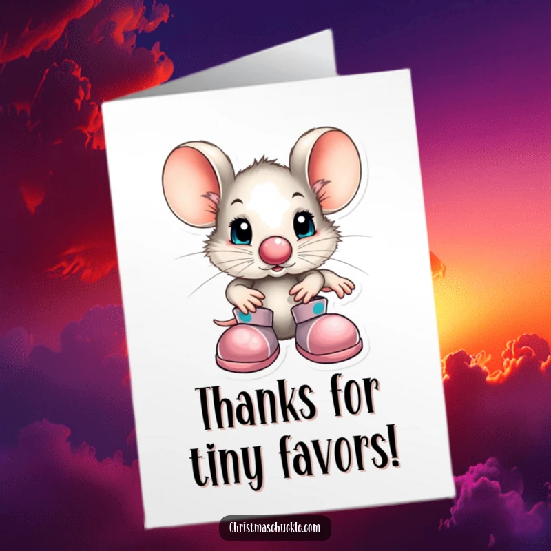 Funny Free Printable Thank You Card: A little mouse character with a clown nose and huge shoes, offering thanks cutely.
