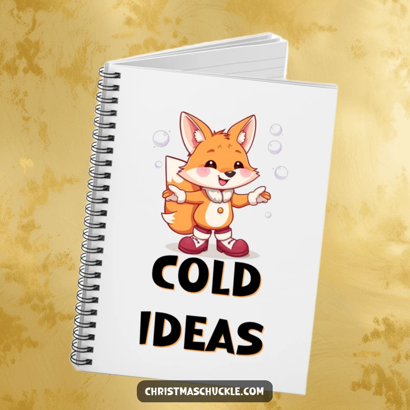 Funny notebook with a cheerful fox in clown shoes, humorously juggling snowball projectiles, great for jotting down witty thoughts.