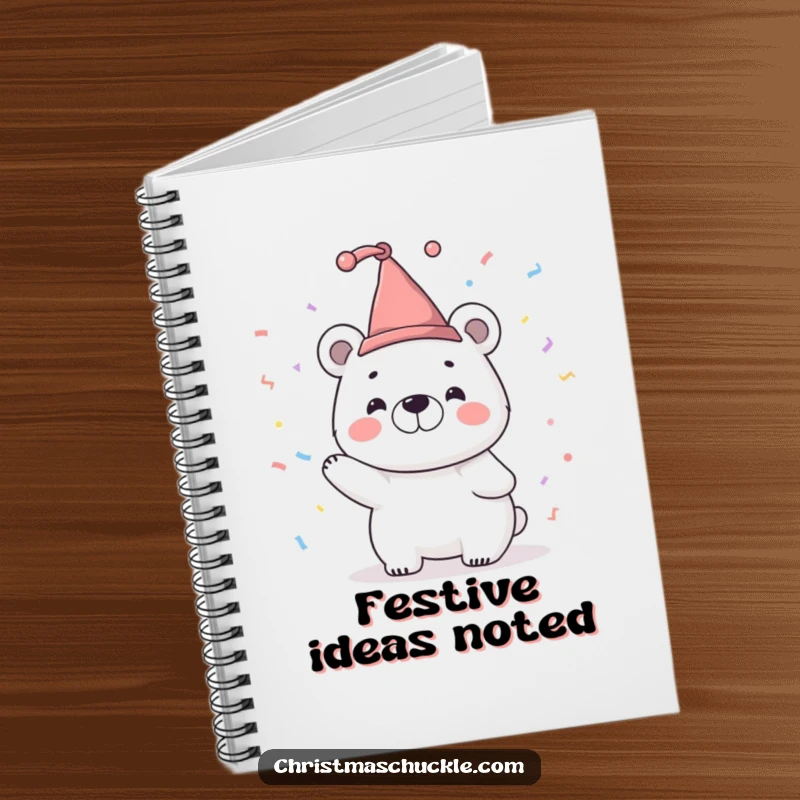 Funny notebook with a smiling polar bear character wearing a tiny jester hat, joyfully tossing confetti, perfect for festive journaling.