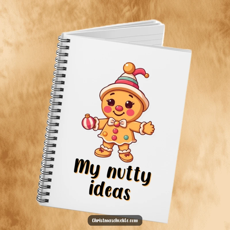Funny round gingerbread man dressed as a clown, juggling ornaments on a notebook cover, ideal for jotting notes with humor.