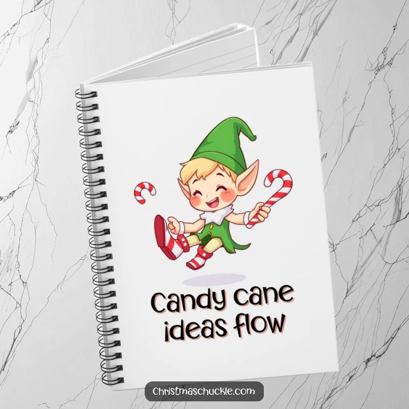 Funny notebook cover with a smiling elf in big clown shoes, juggling candy canes with a focus on fun, ideal for jotting notes.
