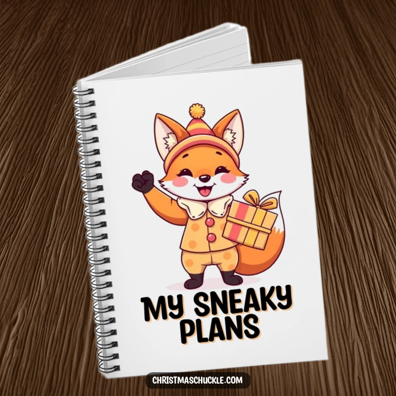 Funny fox notebook, a festive fox in a clown costume holding a brightly wrapped gift, for jotting down funny plans.