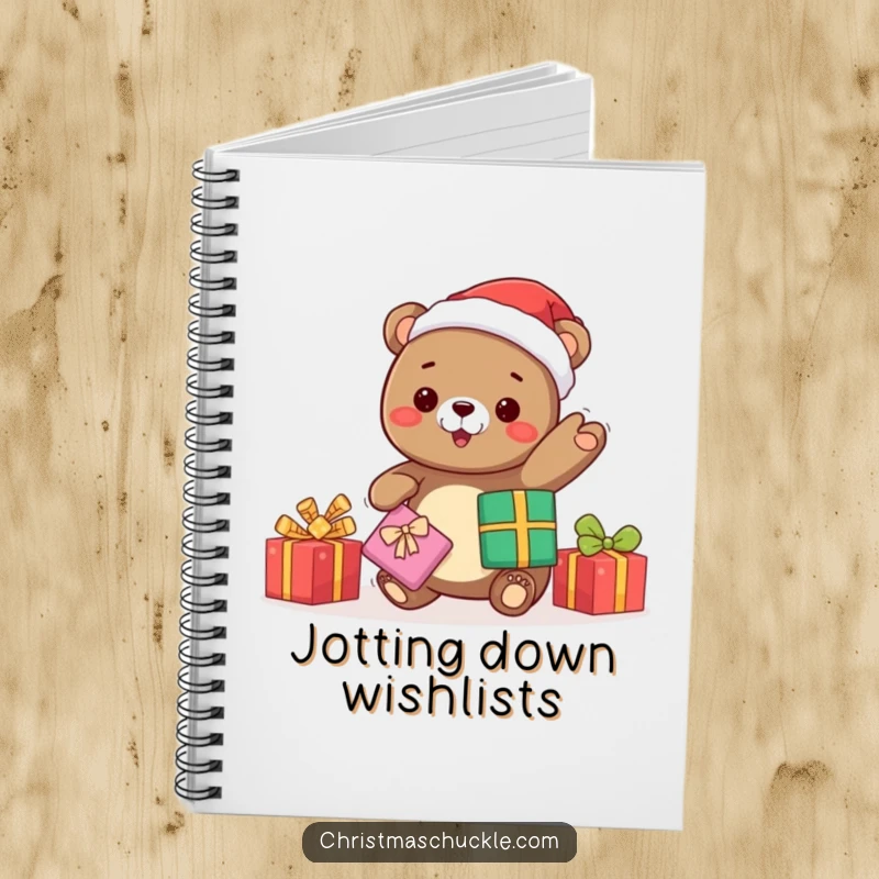 Funny kawaii bear Santa juggling presents, a notebook for capturing holiday ideas and festive thoughts with cheerful humor.