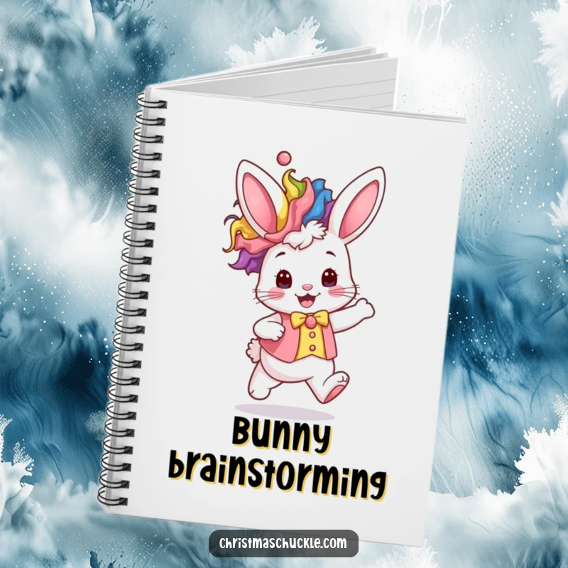 Funny kawaii bunny wearing a rainbow clown wig and waistcoat hops excitedly, a humorous notebook for writing.