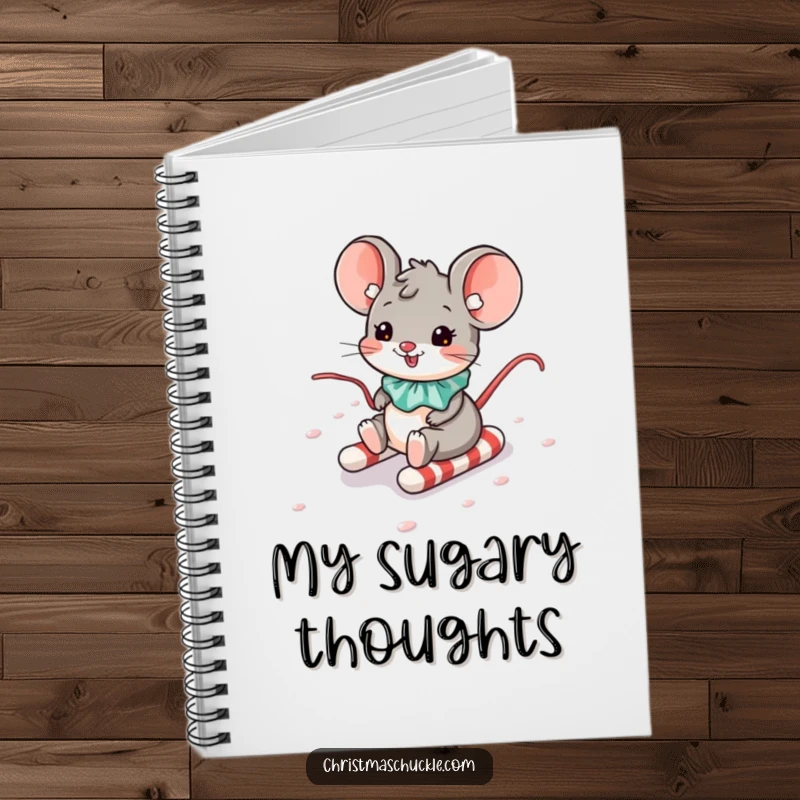 Funny notebook featuring a whimsical mouse with a clown collar enjoying a slide down a candy cane hill.