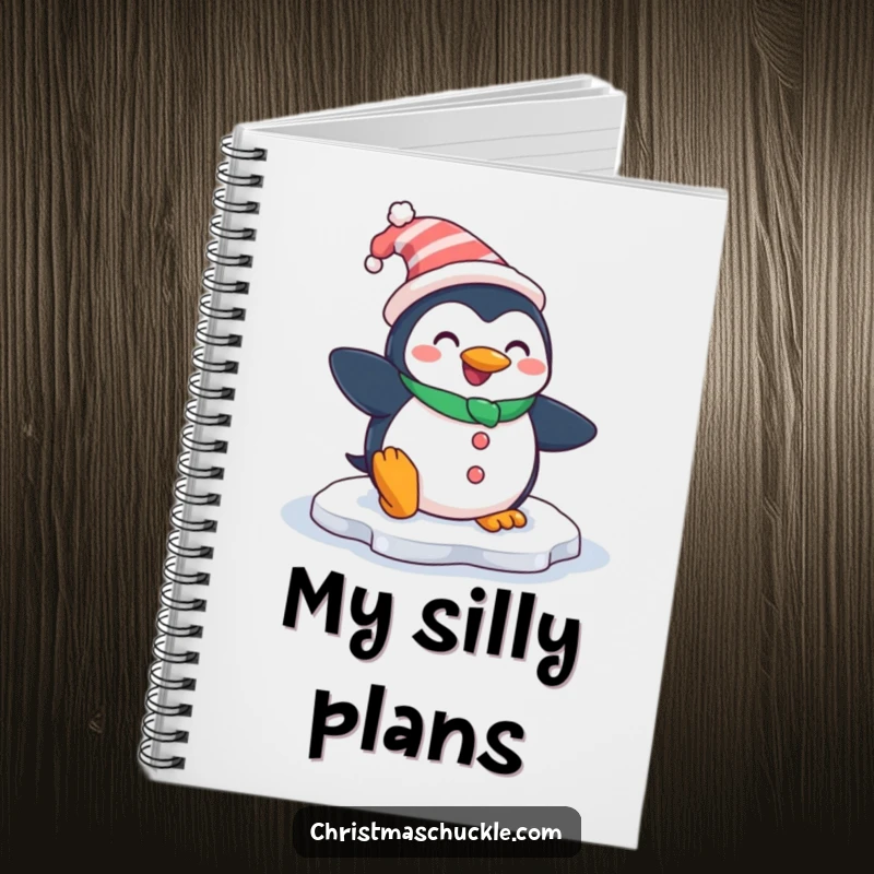 Funny notebook with a smiling penguin dressed as a clown, comically slipping on an icy patch, ideal for note-taking and creative ideas.