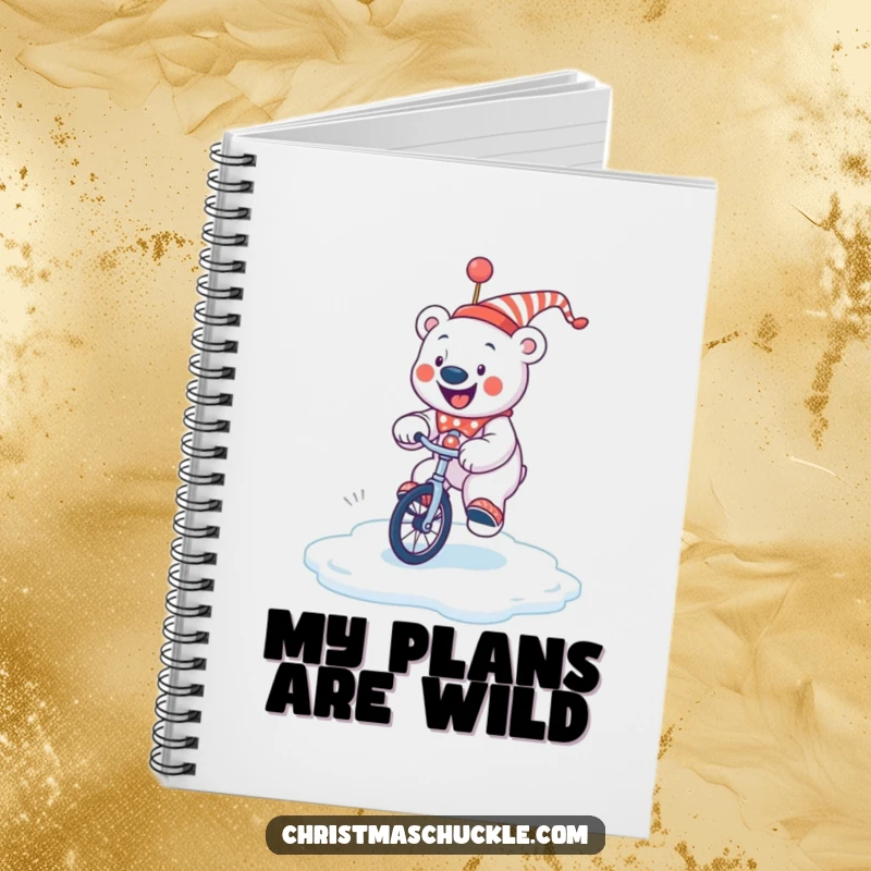 Funny jolly polar bear clown attempting to ride a unicycle on a slippery ice patch, a humorous notebook for writing.