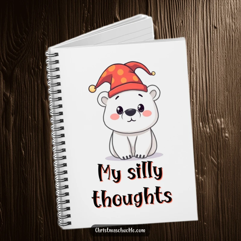 Funny curious polar bear wearing a jester hat on the cover of a notebook, designed for capturing notes with a humorous and whimsical touch.