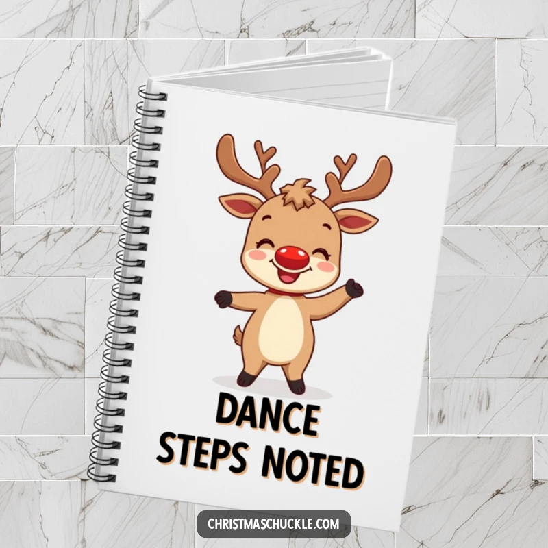 Funny notebook with a delighted reindeer character with a bright red nose attempting a silly dance, perfect for festive journaling.