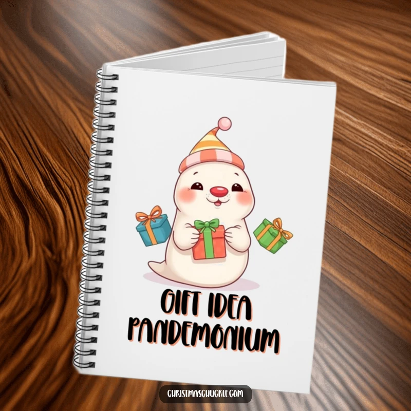 Funny seal clown wearing a hat and red nose juggles three presents, a humorous notebook for writing.