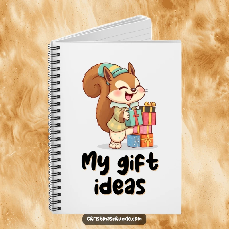 Funny squirrel clown notebook featuring a giggling squirrel in a clown suit, balancing presents, perfect for note-taking.