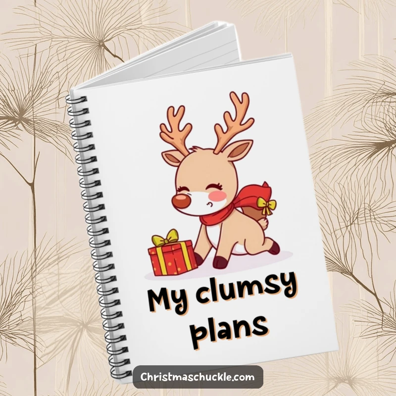 Funny blushing reindeer tripping and dropping a present on a notebook cover, ideal for jotting notes with humor.