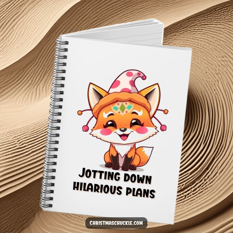 Funny fox in clown makeup, trying on a huge festive hat, featured on the cover of a funny notebook.