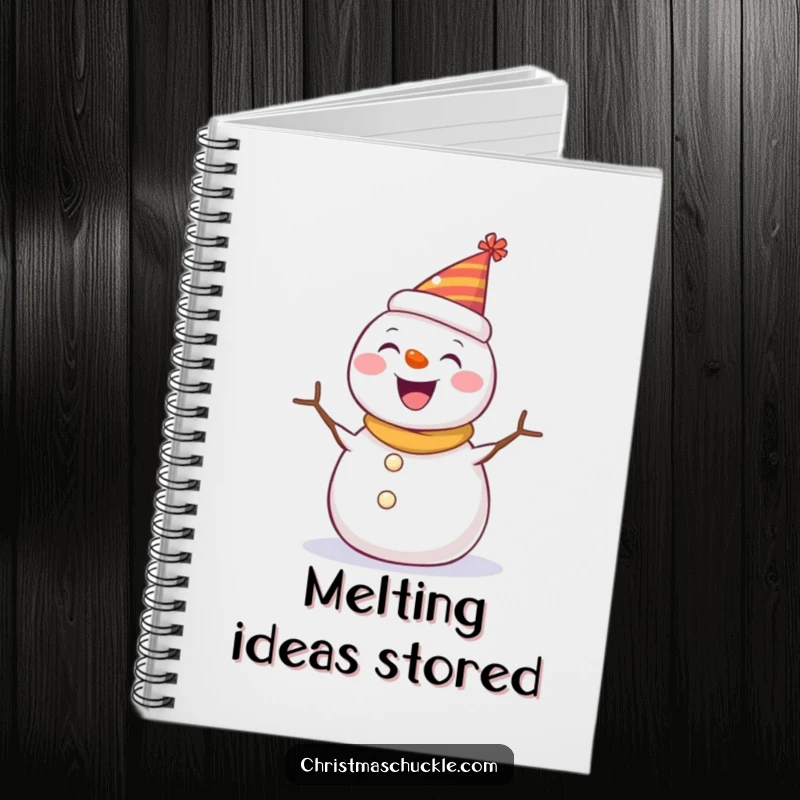 Funny notebook cover with a happy snowman wearing a party hat, spinning with joy, ideal for jotting down winter notes.