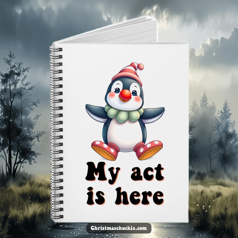 Funny penguin clown notebook, festive and practical, perfect for writing, featuring the comical character, a delightful funny gift for organization.
