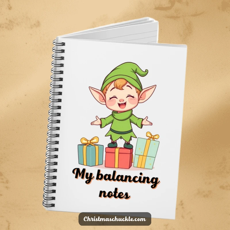Funny clumsy elf character attempting to balance gifts on the cover of a notebook, designed for capturing notes with a humorous holiday touch.