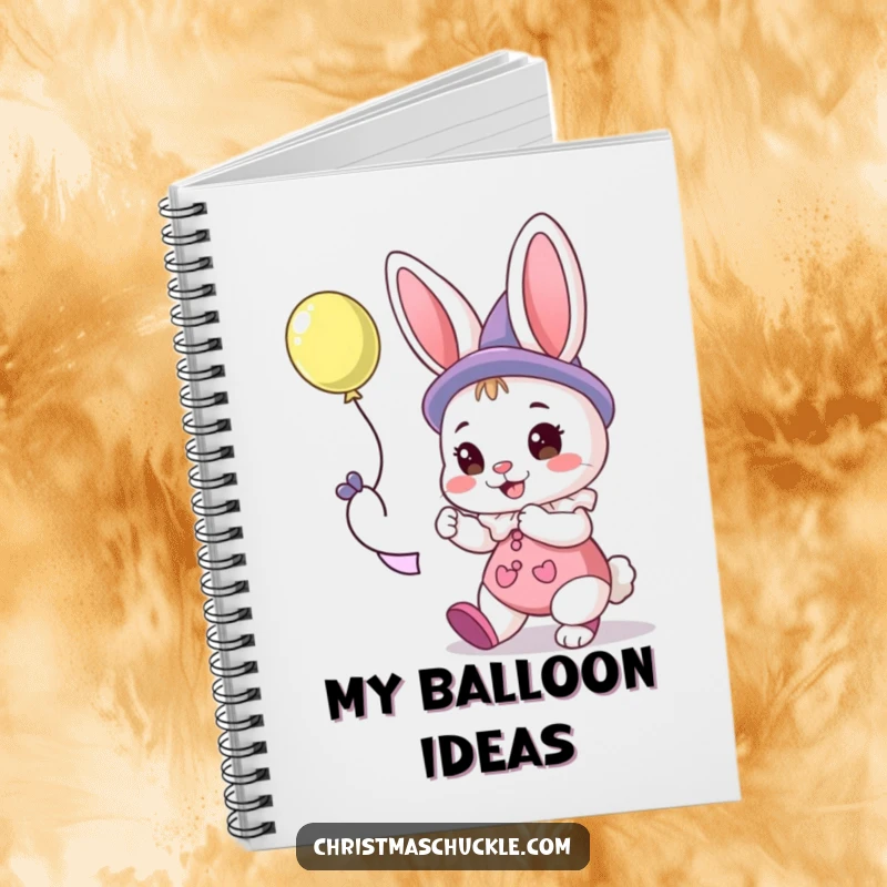Funny notebook featuring a whimsical bunny clown concentrating on twisting a balloon animal for inspiration.