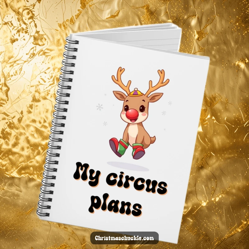 Funny notebook cover featuring a cute reindeer as a clown, juggling snowflakes with oversized shoes and a cheerfully silly expression.