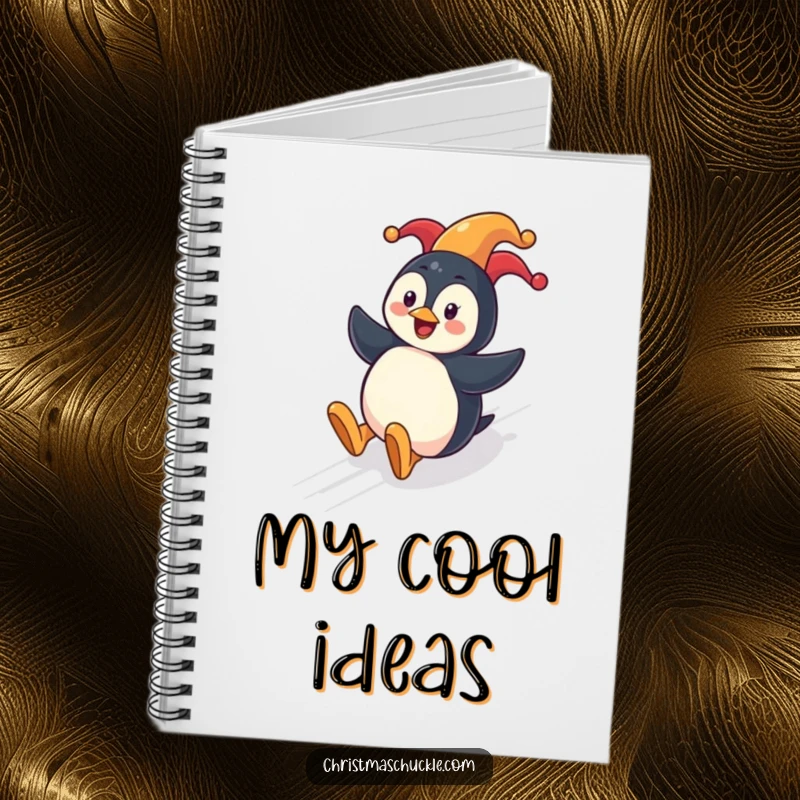 Funny penguin clown notebook featuring a cheerful penguin sliding down a festive hill with a clown nose.