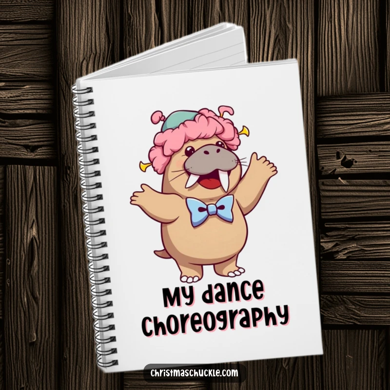 Funny notebook cover featuring a cheerful walrus dressed as a clown, wearing a wig and bowtie, performing a silly dance.