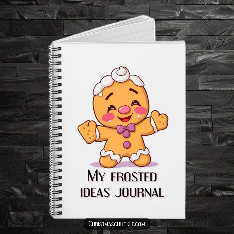 Funny gingerbread man clown notebook, blushing with frosting on face, hilariously balancing crackers, a whimsical and functional stationery item.