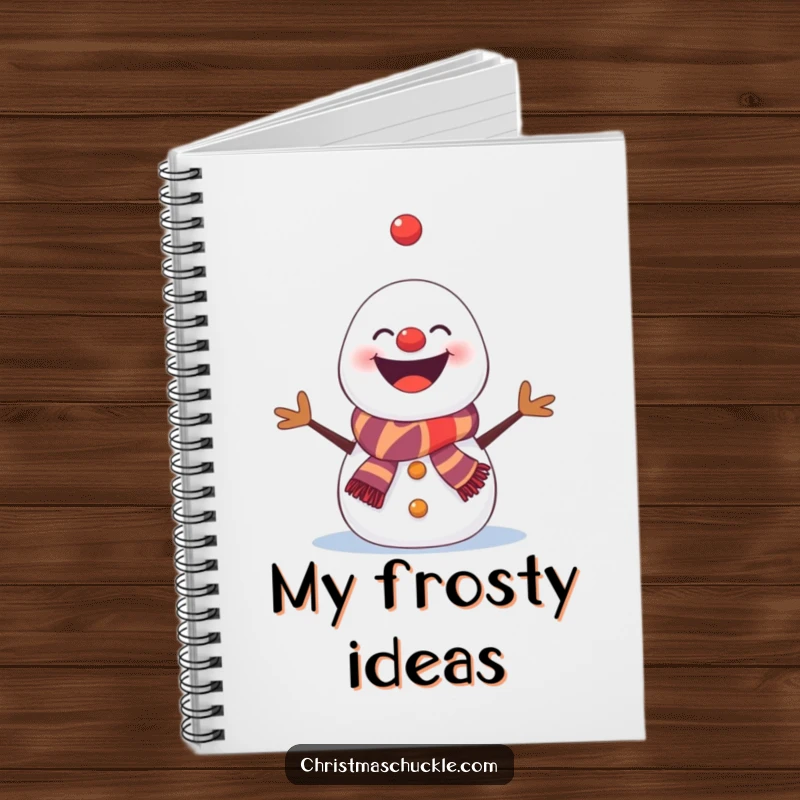Funny snowman notebook, a clown snowman juggling snowflakes energetically, for jotting down funny notes and ideas.