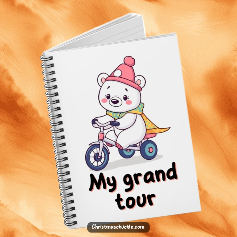 Funny notebook cover with a kawaii polar bear in clown attire, riding a tiny tricycle, designed for jotting down notes and ideas.
