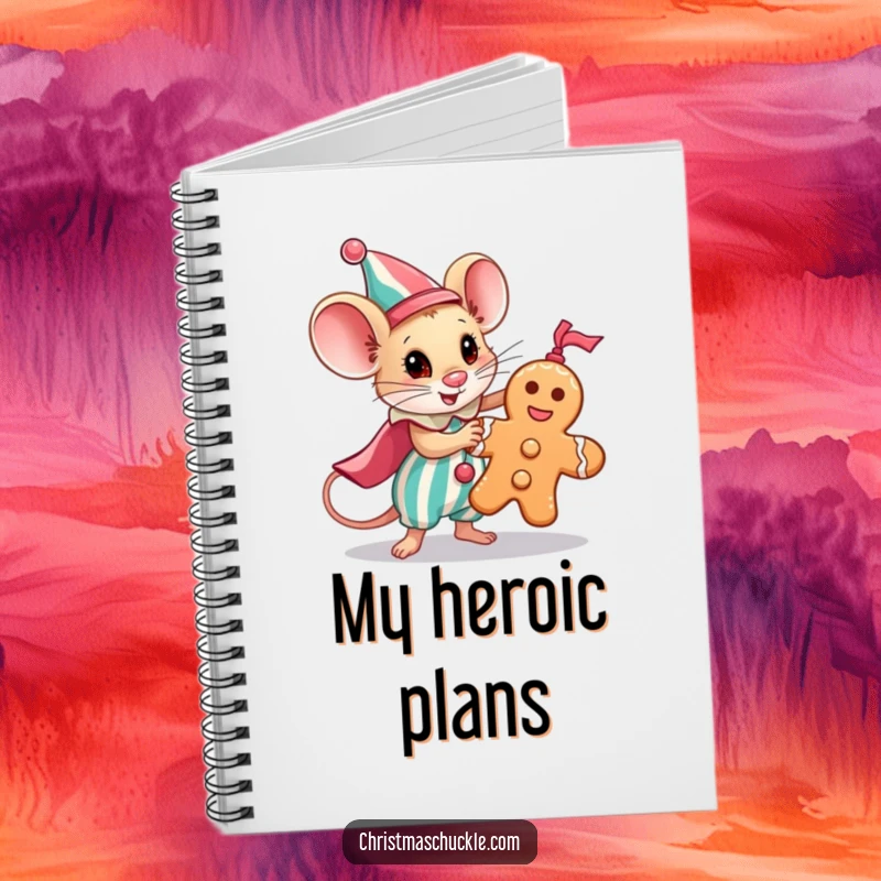 Funny notebook featuring a tiny mouse clown heroically saving a gingerbread man, perfect for writing and humor.