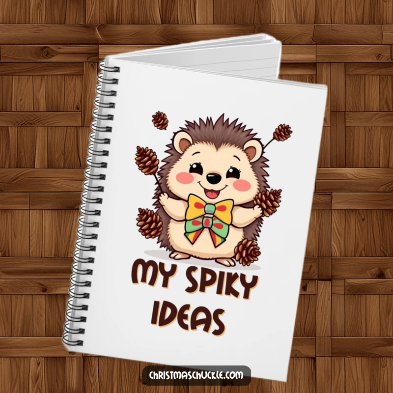 Funny notebook featuring a happy hedgehog in a clown bowtie, juggling pinecones, perfect for writing.