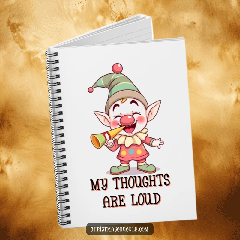 Funny giggling elf clown with a squeaky nose blowing a party horn, a humorous notebook for planning parties and jotting ideas.