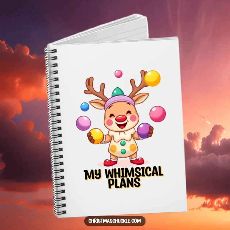 Funny notebook with a smiling reindeer clown juggling brightly colored balls, ideal for jotting down festive thoughts and plans.