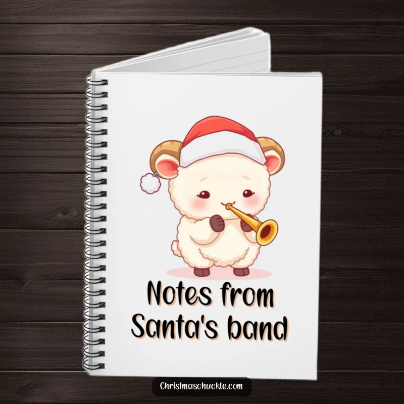 Funny sheep with Santa hat plays a tiny trumpet on a notebook cover, perfect for jotting notes with holiday humor.