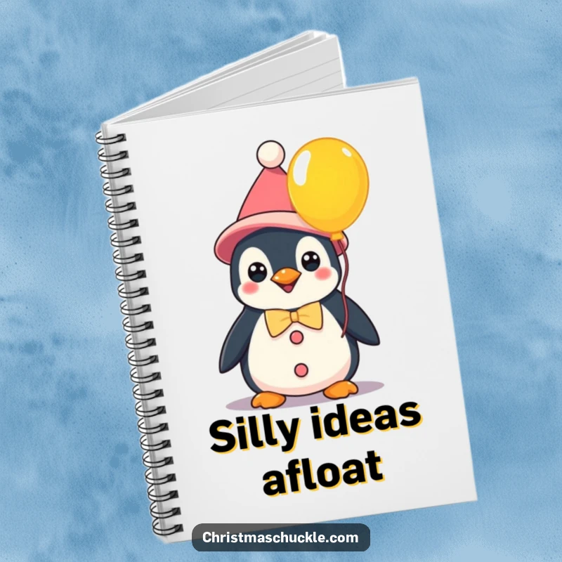 Funny kawaii penguin clown holding a balloon, a notebook for capturing ideas and creative thoughts with whimsical humor.
