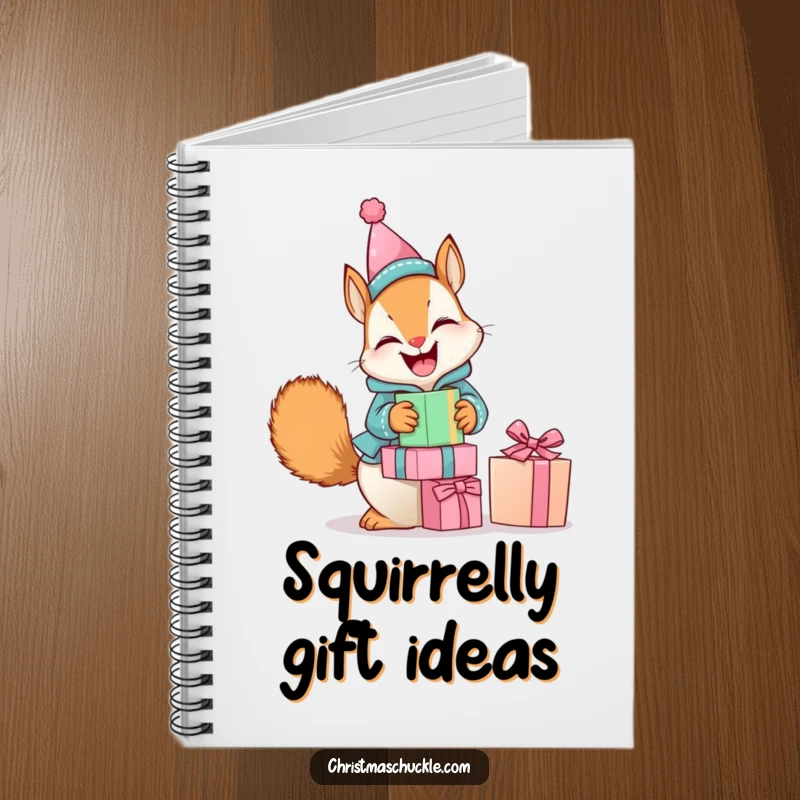 Funny notebook cover with a giggling squirrel in a tiny clown suit, humorously balancing presents, great for notes and doodles.