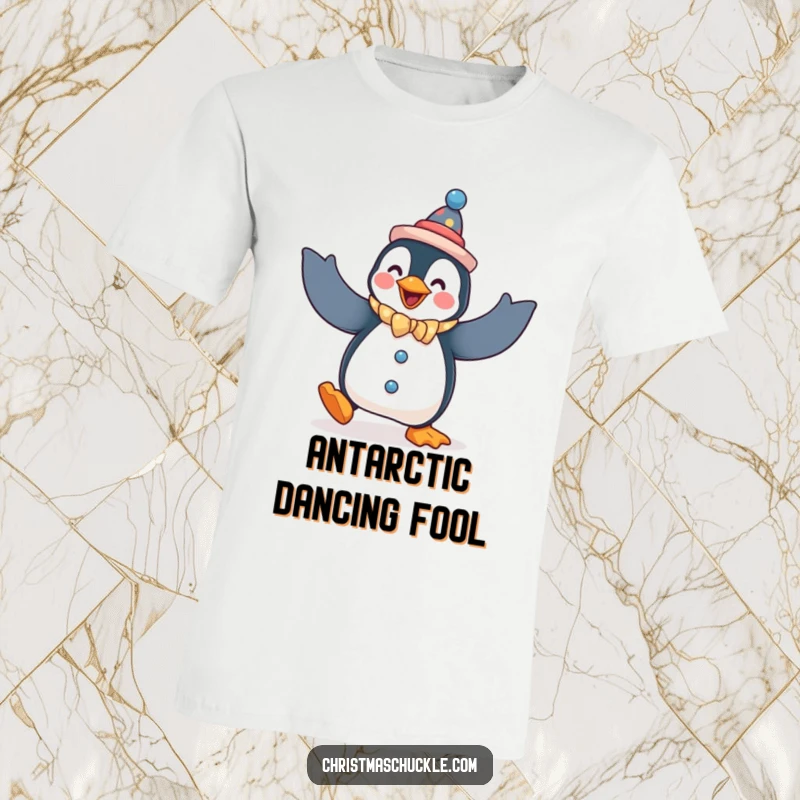 Funny penguin t-shirt, a penguin dressed as a clown, attempting a silly dance with flapping arms.