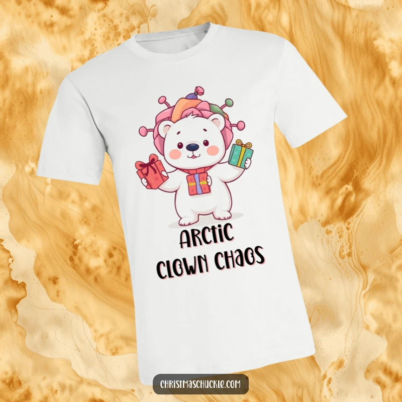 Funny t-shirt of a curious polar bear in a silly clown wig, juggling presents with playful energy, perfect for parties or casual wear.