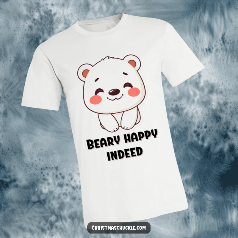 Funny t-shirt featuring a happy polar bear character with rosy cheeks and a big, contagious silly grin.