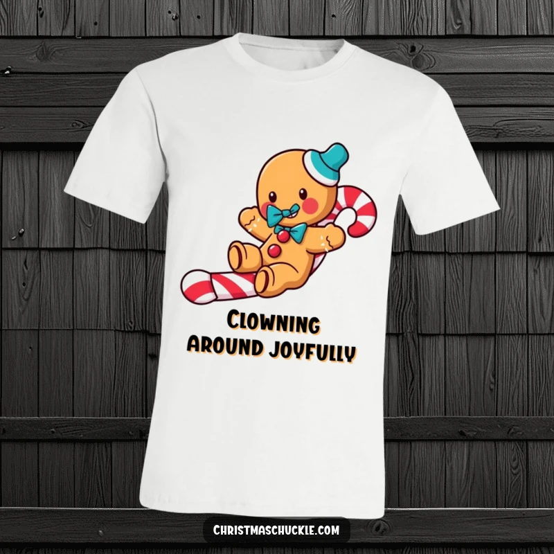 Funny Gingerbread Clown T-Shirt: A jolly gingerbread man with a clown bow tie slides down a candy cane, showing festive fun.