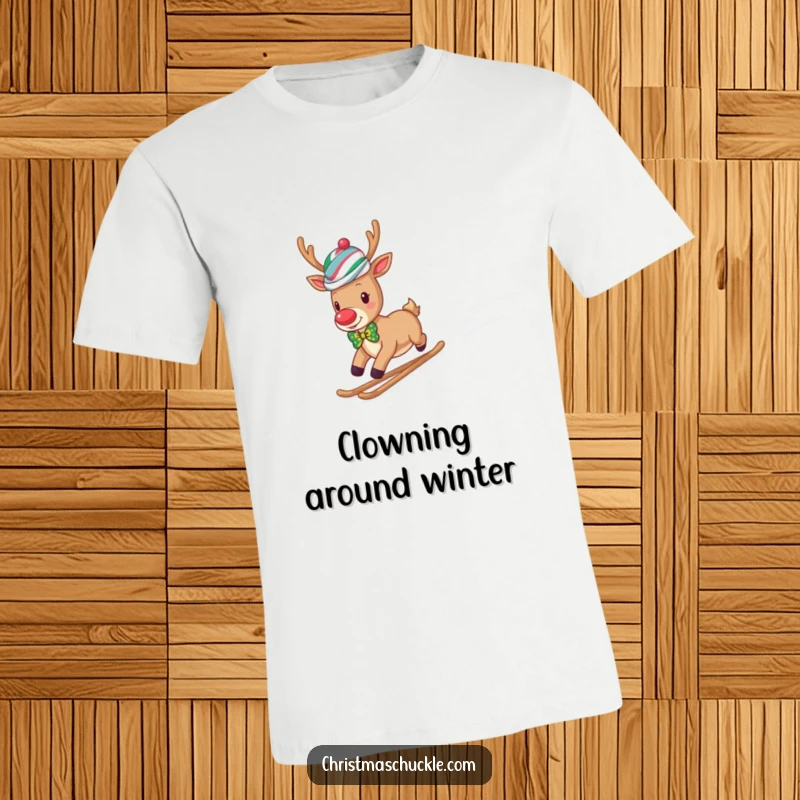Funny reindeer clown in a wig and bow tie slides down a snowy hill, showcasing a hilarious festive graphic.
